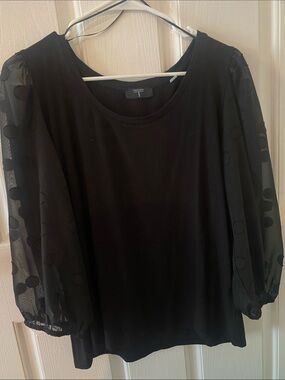 Tahari Black Top with Sheer Polka-Dot Balloon Sleeves